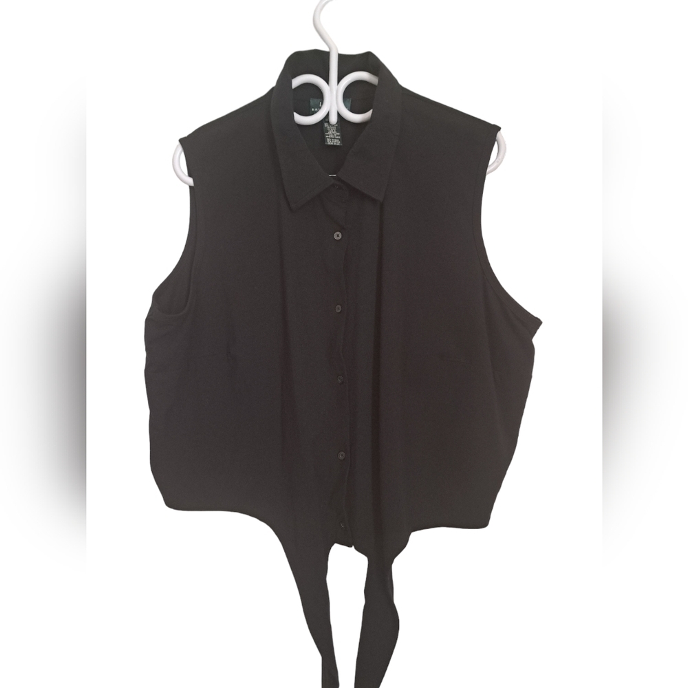 LAUREN RALPH LAUREN LRL black sleeveless collared top tie waist button resort 3X